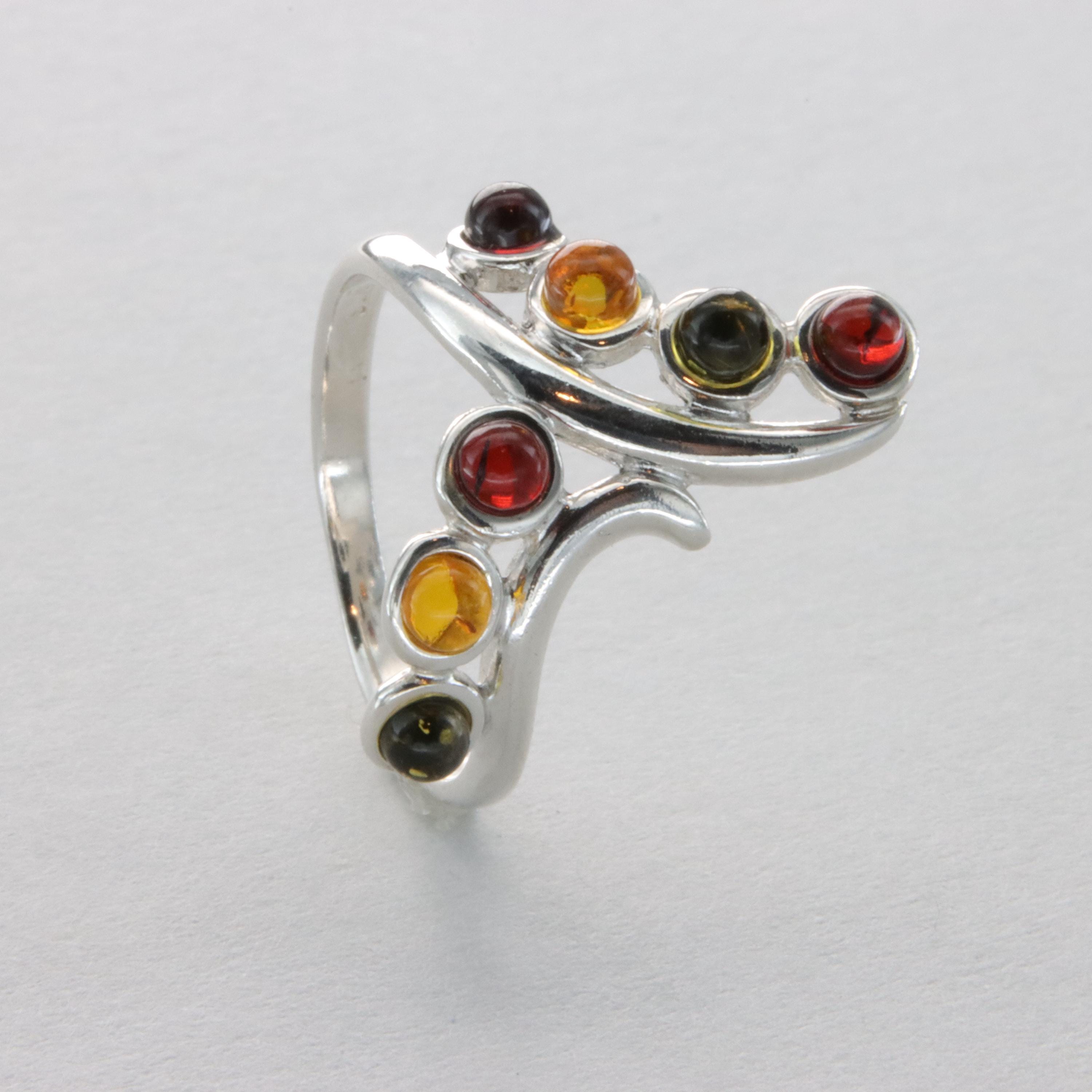 thumbnail interactive-video image 1 of Natural Baltic Amber & Sterling Silver 925 Ring – Multicolor Oval Gemstone – Art Deco Style – Ligurius 1 of 2