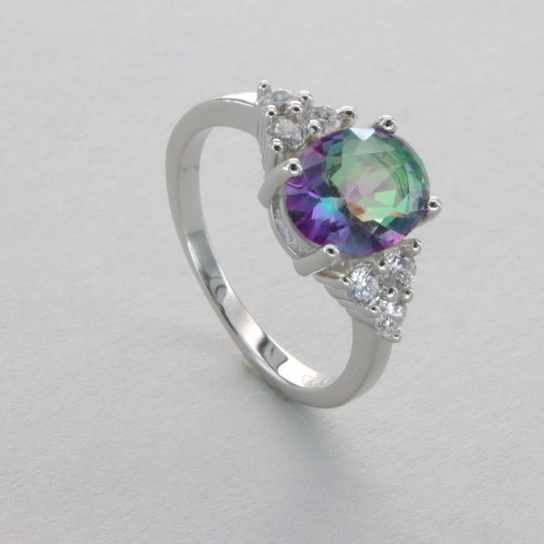 Oval MYSTIC TOPAZ Ring with 6 CZs in 925 Sterling SILVER - Rhodium finished - Genuine and Natural Gemstone - Aurora Borealis