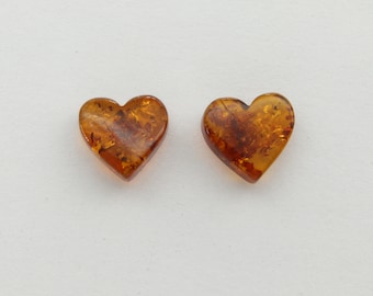 Genuine, Natural Cognac / Brown BALTIC AMBER Heart Post / Stud Earrings - 925 Sterling Silver - Butterfly closing