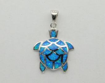 Blue FIRE OPAL Turtle / Tortoise Pendant - 925 Sterling Silver with a Rhodium finish