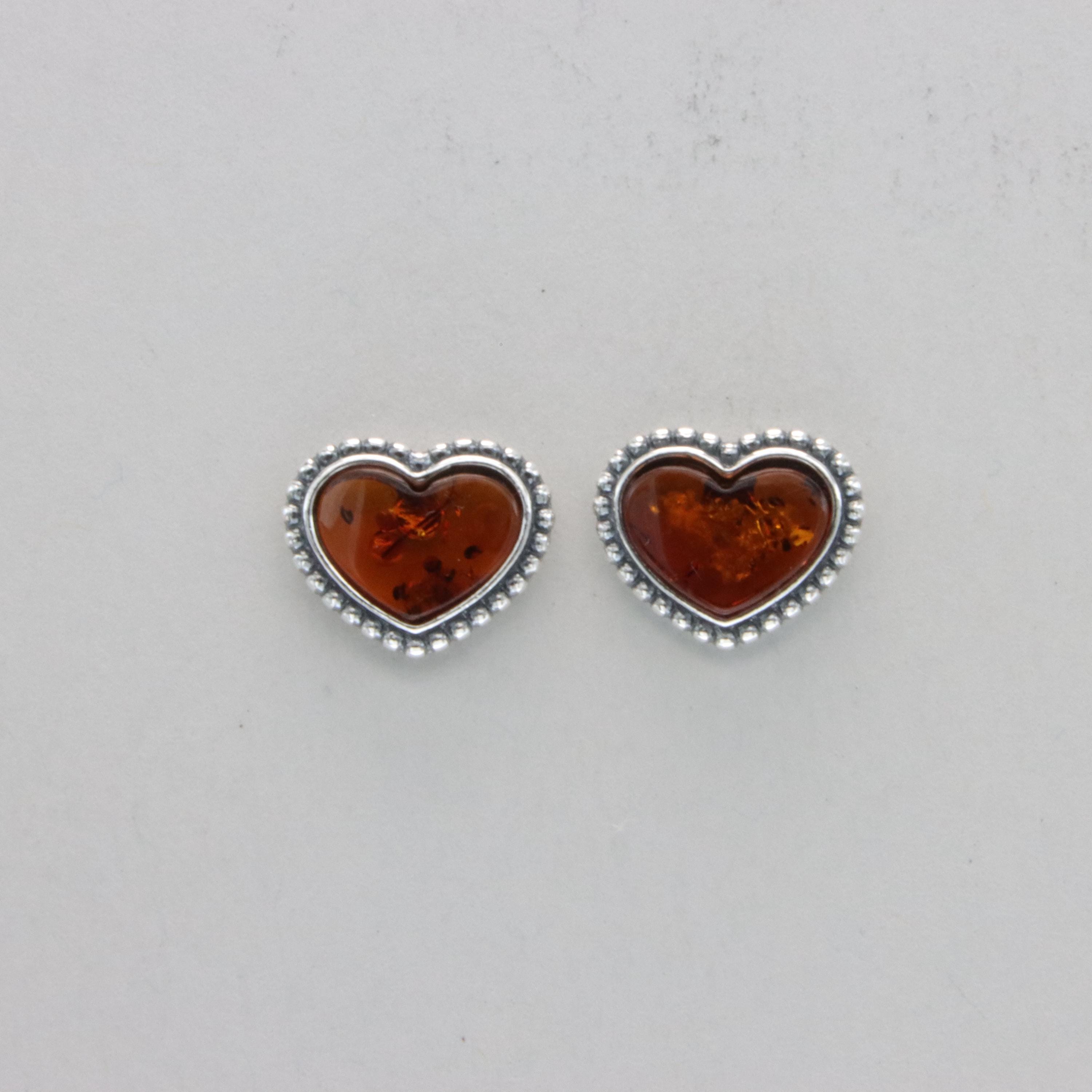 Brown /cognac - Heart - BALTIC AMBER Stud / Post Earrings - 925