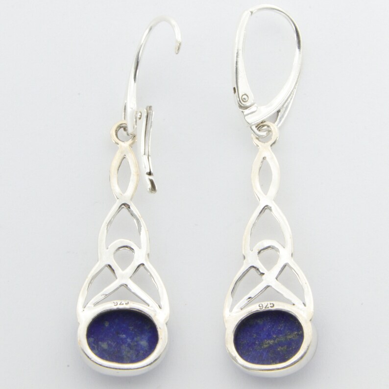 Genuine and Natural Blue Celtic LAPIS LAZULI Oval Dangle Earrings in 925 Sterling Silver with Leverback Lever Back closing