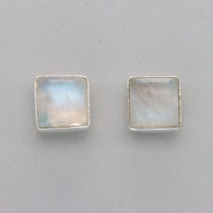 Square / Rectangle Rainbow Moonstone Stud / Post Earrings -925 Sterling Silver - Natural and Genuine Gemstone