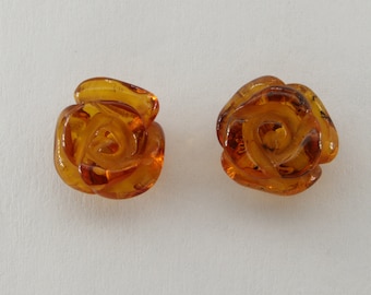 Genuine and Natural - Cognac / Brown - Rose BALTIC AMBER - Post / Stud Earrings in 925 Sterling Silver - Poland