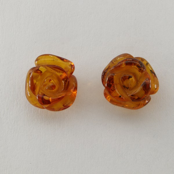 Genuine and Natural - Cognac / Brown - Rose BALTIC AMBER - Post / Stud Earrings in 925 Sterling Silver - Poland