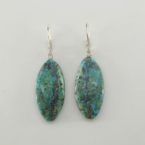 Oval Blue TURQUOISE Dangle Leverback Earrings in 925 STERLING SILVER - Genuine and Natural Gemstone