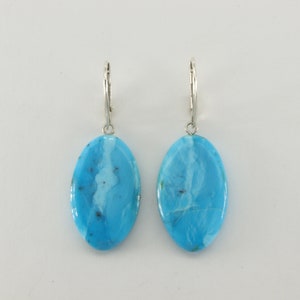 Oval Blue TURQUOISE Dangle Leverback Earrings in 925 STERLING SILVER - Genuine and Natural Gemstone