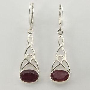 Red Oval Celtic RUBY Earring in 925 STERLING SILVER - Leverback / Lever back closing - Genuine and Natural Gemstone