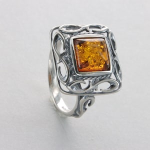 Square / Rectangle Cognac / Brown BALTIC AMBER Ring - 925 Sterling Silver - Genuine Natural Gemstone / fossilized Resin Poland ambre / ámbar