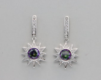 Round MYSTIC TOPAZ Sun / Star Earrings: 925 Sterling Silver - Post Dangle - Multicolor - Rainbow - Aurora Borealis - Rhodium finished
