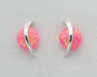 Pink FIRE OPAL - Stud / Post - Round / Circle - Earrings in 925 Sterling Silver