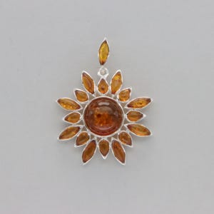 Cognac / Brown BALTIC AMBER Sun Star Pendant in 925 Sterling Silver - Natural and Genuine Gemstone from Poland