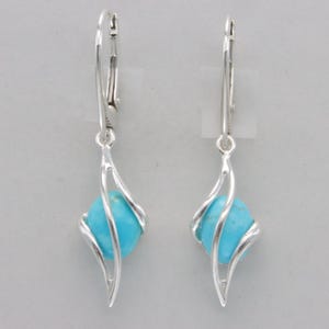 Oval Blue TURQUOISE Dangle Leverback Swirl Earrings in 925 STERLING SILVER -  Genuine and Natural Gemstone from Mexico