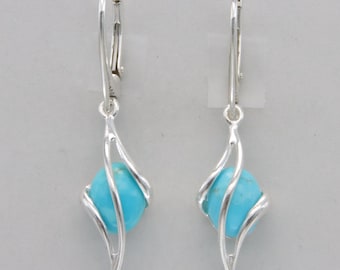 Oval Blue Turquoise Dangle Leverback Earrings -925 Sterling Silver - Lever back - Natural and Genuine Gemstone from Mexico