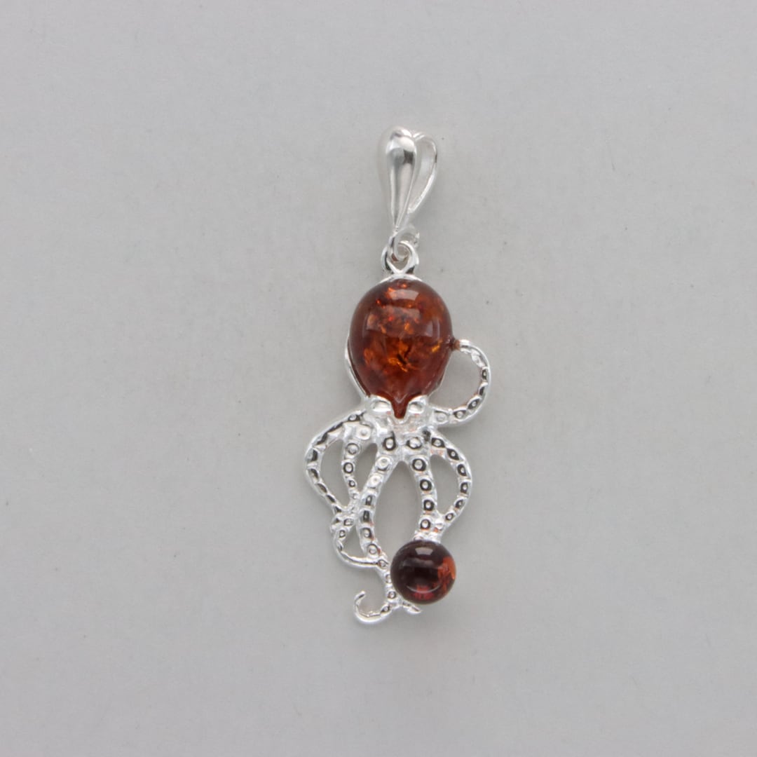 Baltic Amber Octopus Pendant: Cognac Brown Sterling Silver Jewelry - Etsy