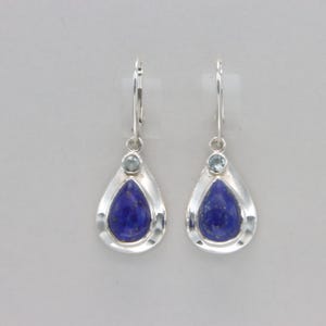 Blue Teardrop LAPIS LAZULI and Blue Topaz Dangle / Drop Leverback / Lever back Earrings 925 Sterling Silver closing Genuine Natural Gemstone