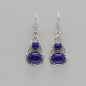 Blue Oval and Round LAPIS LAZULI Dangle Earrings in 925 Sterling Silver with Leverback / Lever Back closing - Genuine and Natural Gemstone