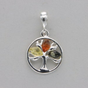 Multi-Color BALTIC AMBER Tree of Life Pendant in 925 Sterling Silver - Natural and Genuine fossilized Resin from Poland