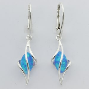 Oval Blue FIRE OPAL Dangle Swirl Earrings in 925 Sterling Silver / Leverback / Lever back