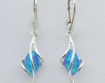 Oval Blue FIRE OPAL Dangle Swirl Earrings in 925 Sterling Silver / Leverback / Lever back