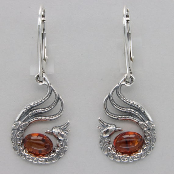 Boucles D'oreilles Pendantes En Argent Massif 925 Avec Ambre Véritable - Bijou Occasion, Style Boucle Ethnique