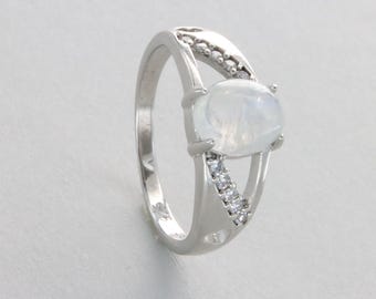 Oval Rainbow Moonstone Ring: Sterling Silver with CZ Accents