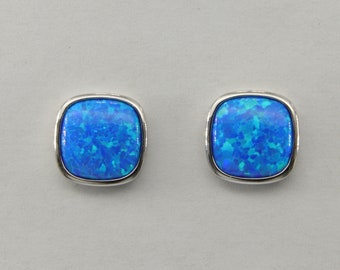 Blue - FIRE OPAL - Square / Rectangle - Stud / Post - Earrings  in 925 Sterling Silver