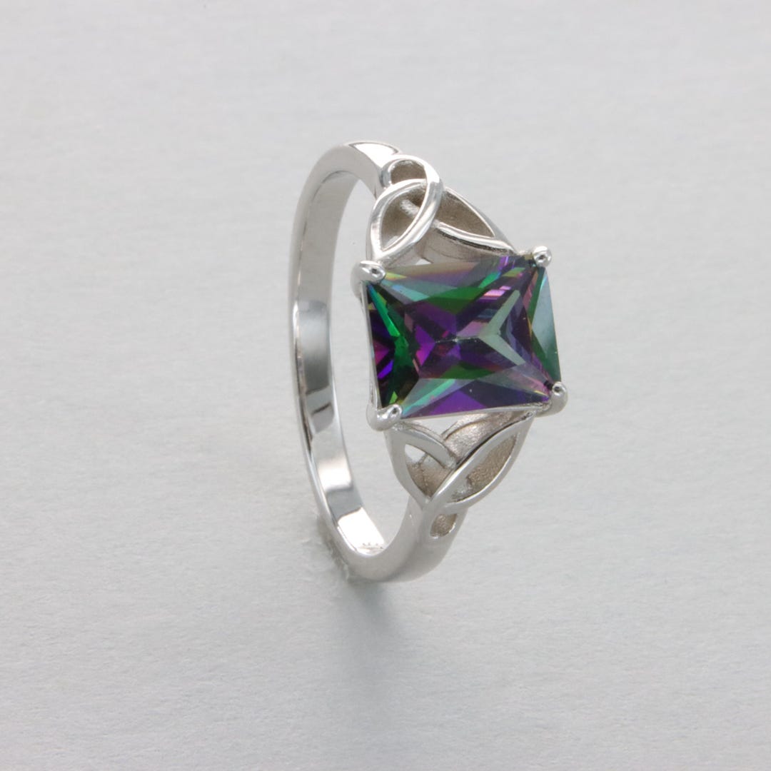 Mystic Topaz Celtic Ring: Square Sterling Silver Aurora Borealis