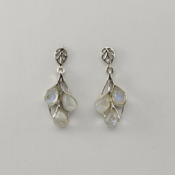 Rainbow Moonstone Post Stud Earrings Teardrop with Bead Sterling Silver Rainbow Moonstone Post Stud Earrings Teardrop with Bead Sterling Silver