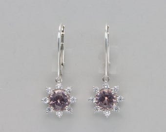 Pink Morganite and CZ Star / Sun Leverback Earrings - 925 Sterling Silver - Lever back - simulated Morganite - Rose color – Cubic Zirconia
