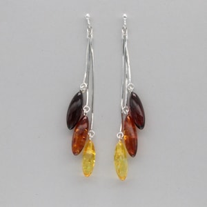 Multi-Color - Triple Oval BALTIC AMBER - Post Dangle Chandelier Earrings in 925 Sterling Silver - Poland Multicolor Genuine Natural Gemstone