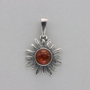 Cognac / Brown - BALTIC AMBER Sun Pendant in 925 Sterling Silver - Genuine and Natural  Gemstone from Poland