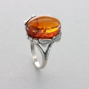 May include: A silver ring featuring a large oval amber gemstone and a dragonfly design.