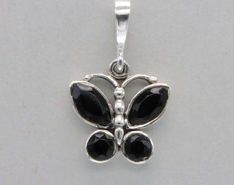 Faceted BLACK ONYX Butterfly Pendant in solid 925 Sterling Silver - Genuine and Natural Gemstone