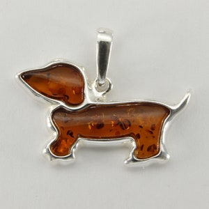Natural and Genuine Cognac / Brown BALTIC AMBER Dog Pendant in 925 Sterling Silver (Poland)