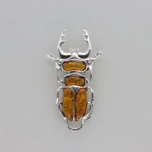 Cognac / Brown BALTIC AMBER Beetle Bug Pendant in 925 Sterling Silver - Genuine and Natural Gemstone Fossilized Resin from Poland