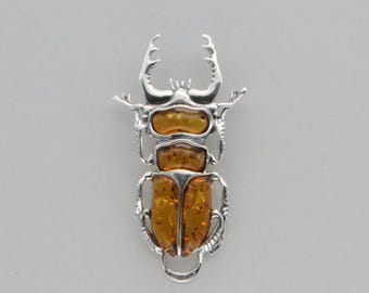 Baltic Amber Beetle Pendant: Cognac Brown, Sterling Silver