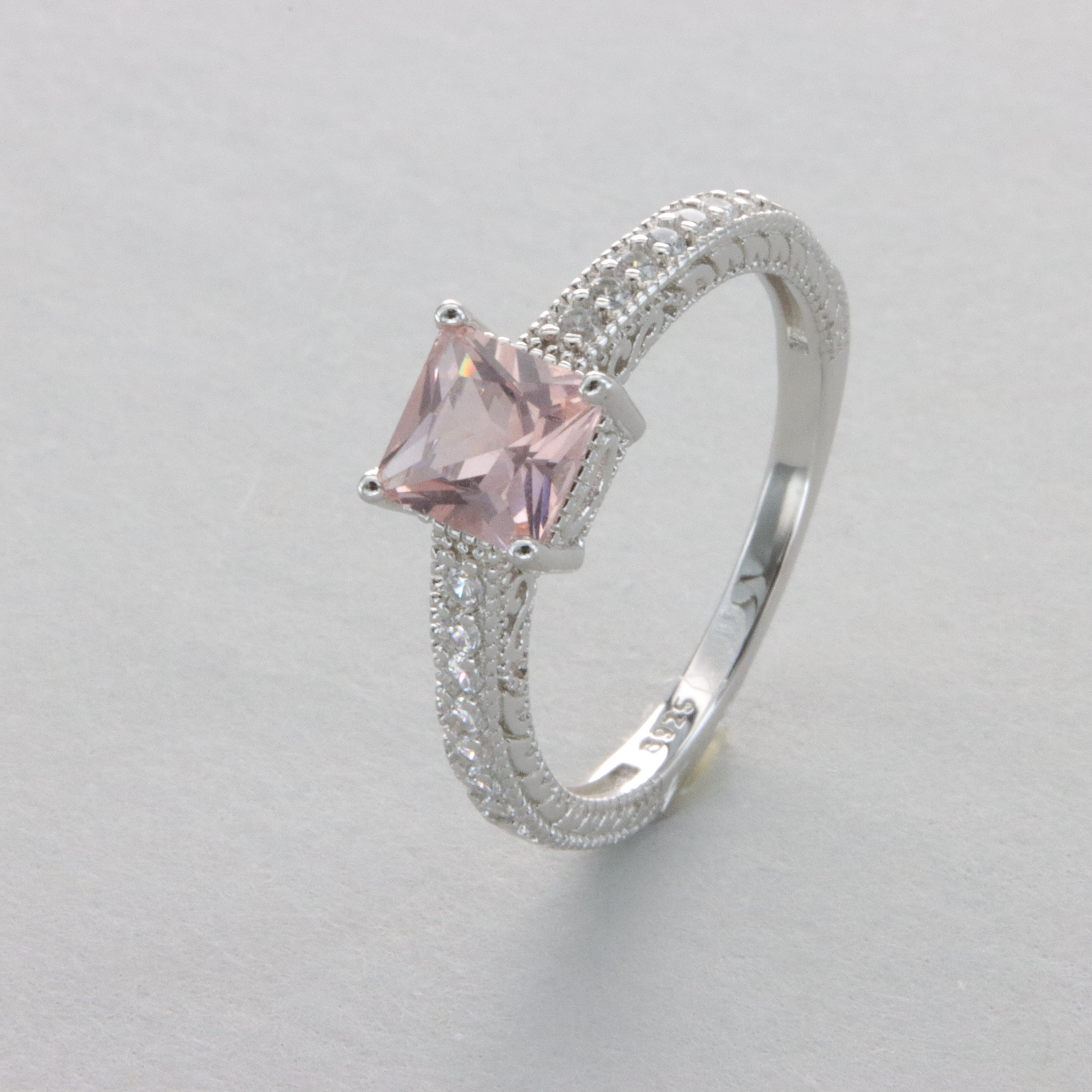 Square / Rectangle Pink Morganite and CZ Ring – Rhodium Finished 925 ...