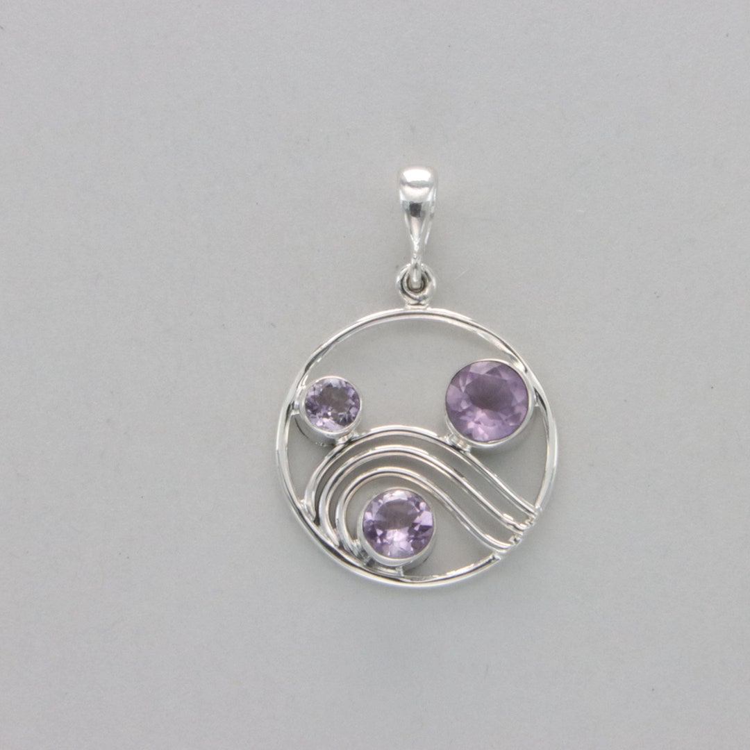 Amethyst Wave Triple Round Purple AMETHYST Wave Pendant - 925 Sterling Silver ...