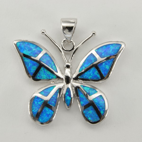 Blue - FIRE OPAL - Butterfly Pendant - 925 Sterling Silver