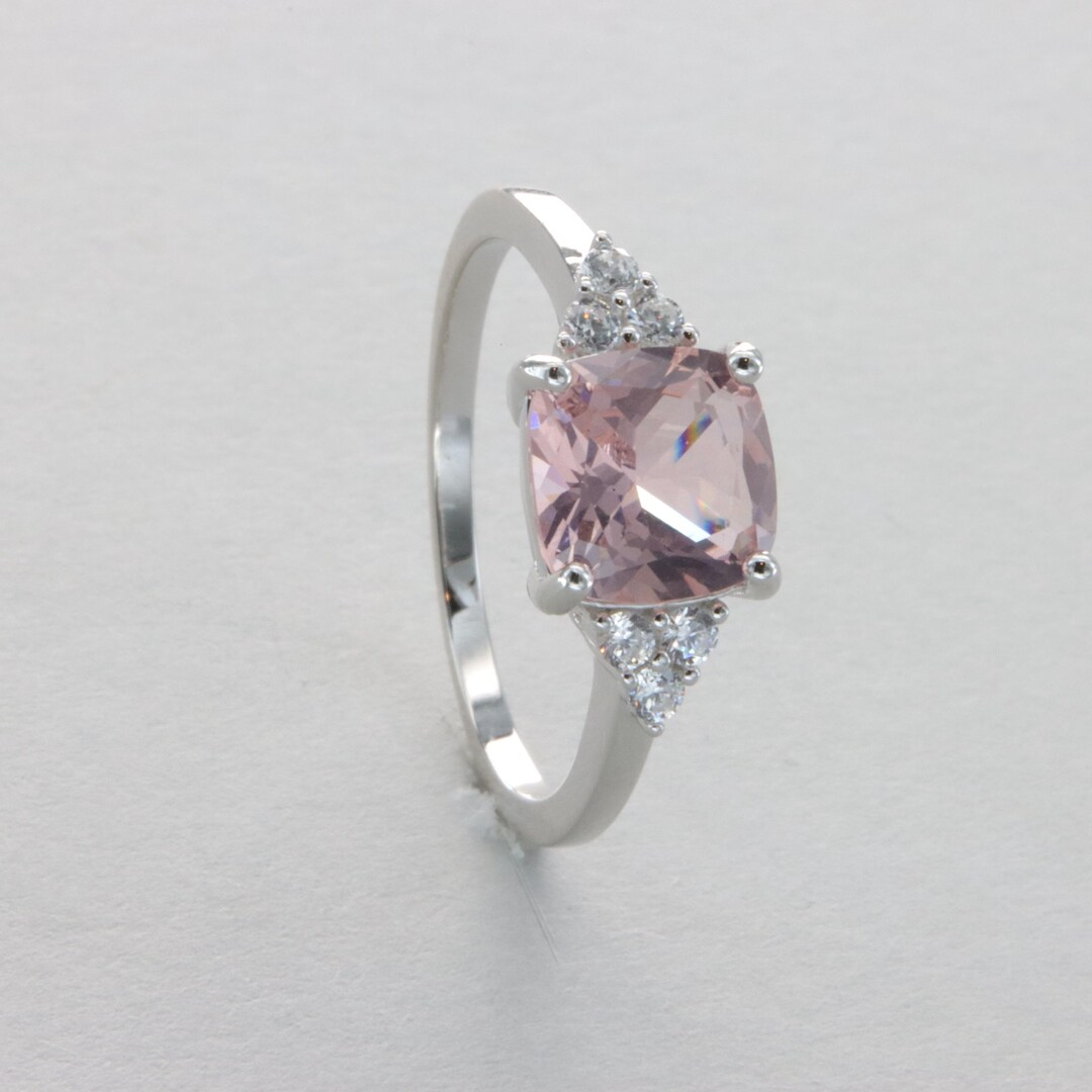 Square / Rectangle Pink Morganite and CZ Ring – Rhodium Finished 925 ...