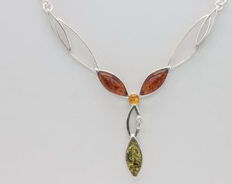 Triple Brown / Cognac Oval BATLIC AMBER 19 inch Necklace - 925 Sterling Silver - Natural and Genuine Fossilized Resin from Poland