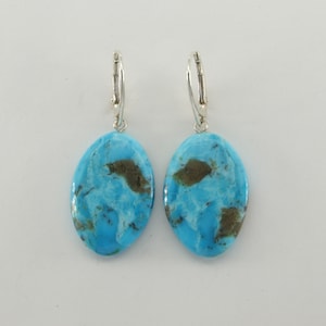 Oval Blue TURQUOISE Dangle Leverback Earrings in 925 STERLING SILVER - Genuine and Natural Gemstone