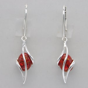 Oval Red FIRE OPAL Dangle Swirl Earrings in 925 Sterling Silver / Leverback / Lever back