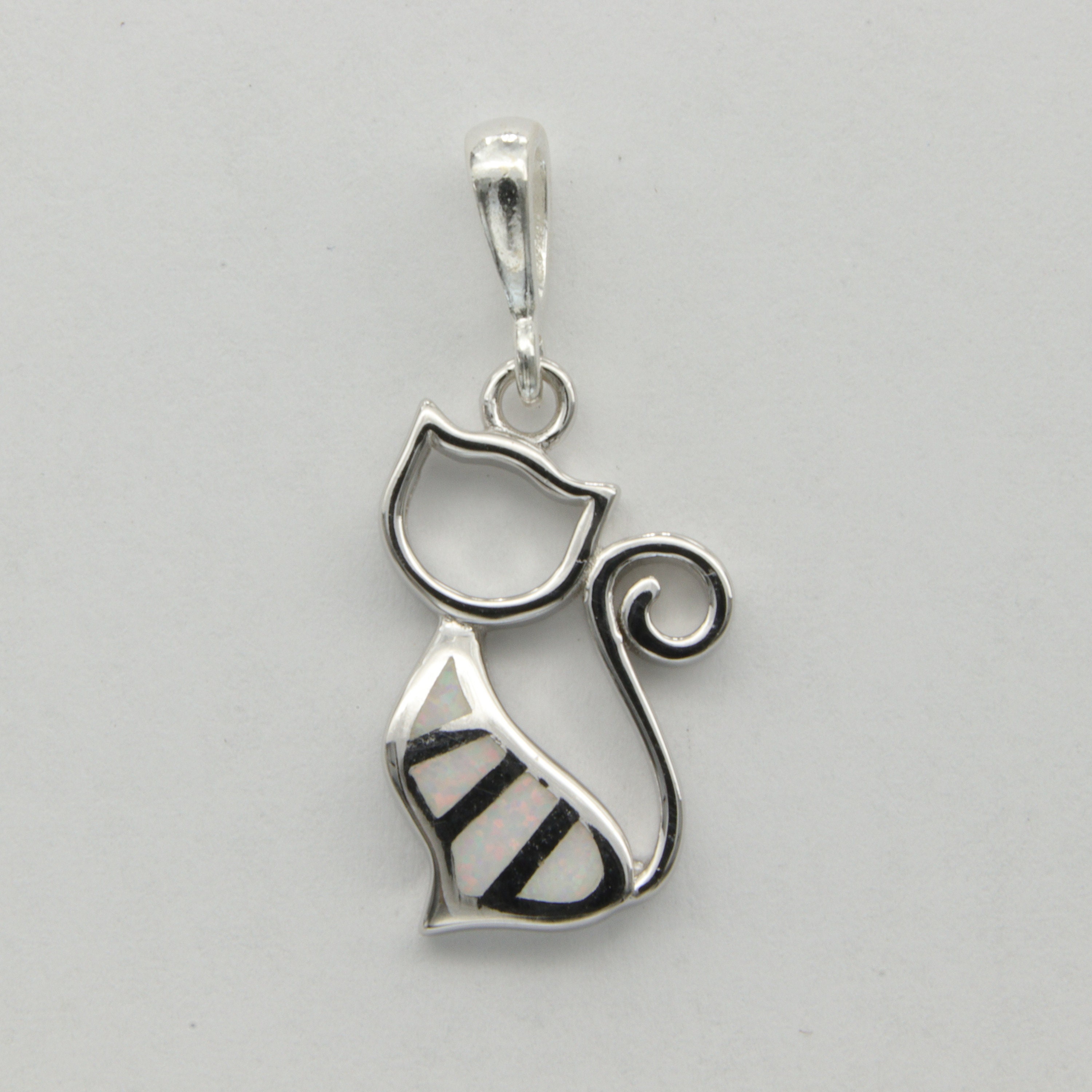 White FIRE OPAL Cat / Kitty Pendant - 925 Sterling Silver With a 