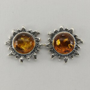 Genuine and Natural - Brown / Cognac - Sun BALTIC AMBER - Stud / Post Earrings in 925 Sterling Silver - Poland