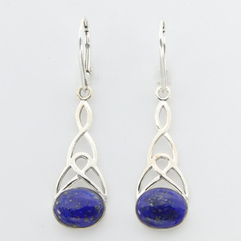 Genuine and Natural Blue Celtic LAPIS LAZULI Oval Dangle Earrings in 925 Sterling Silver with Leverback Lever Back closing
