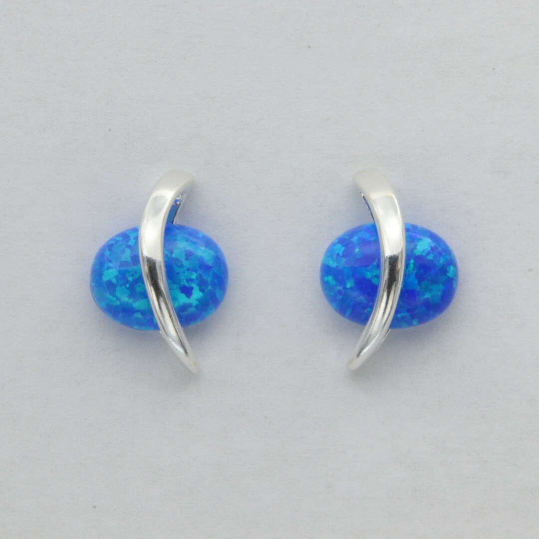 Pendientes De Botón/poste Ovalados De ÓPALO DE FUEGO Azul En Plata De Ley 925 - España