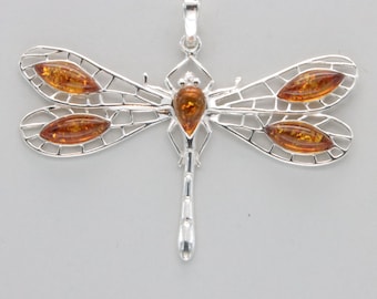 Baltic Amber Dragonfly Pendant: Cognac Brown Sterling Silver