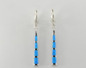 Bleu - Carré / Rectangle - OPALE DE FEU - Leverback - Boucles d'oreilles pendantes / pendantes en argent sterling 925 / Lever back